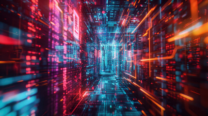 Futuristic digital corridor with glowing lines and vibrant colors, representing technology and data flow. scene evokes sense of speed and innovation