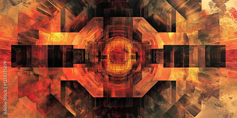 Fototapete an abstract visual with layered geometric patterns that create a sense of rhythm and flow, employing a rich color scheme and varied shapes to produce a visually complex a