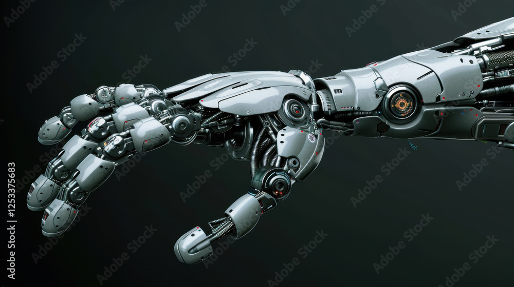 Poster futuristic robotic hand with intricate mechanical details and metallic components, showcasing advanc