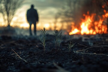 A close-up view of a vibrant green seedling pushing through dark, charred soil.
