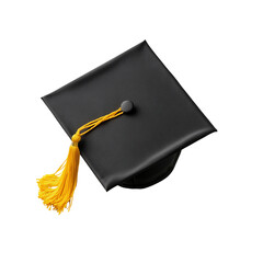 A classic black graduation cap featuring a bright yellow tassel, Isolated on white background.