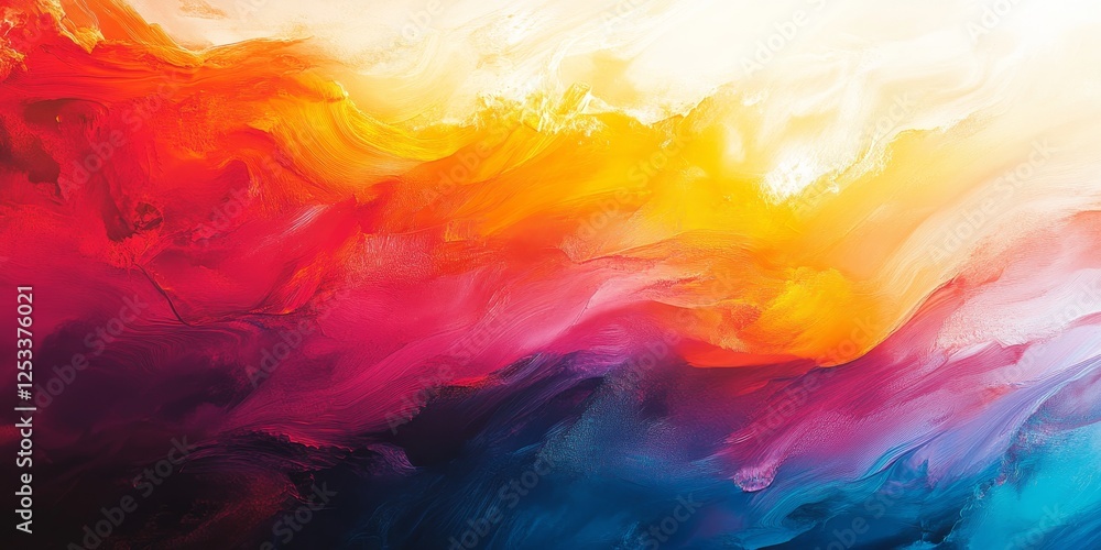 Poster abstract scene where rainbow gradients create a sense of movement and vibrancy, using a mix of bright and bold colors to evoke a rich and immersive visual effect