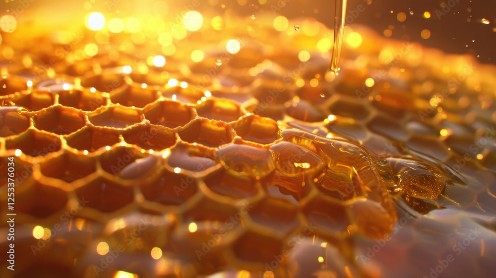 Aufkleber golden honey dripping from honeycomb, creating warm and inviting atmosphere. shimmering texture and 