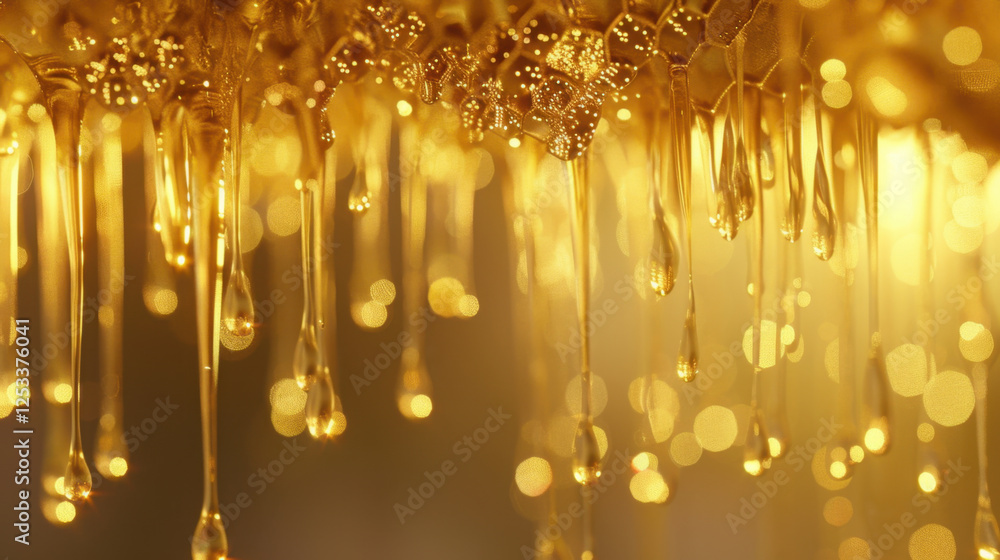 Poster golden droplets glisten in soft light, creating mesmerizing display of shimmering beauty. intricate 