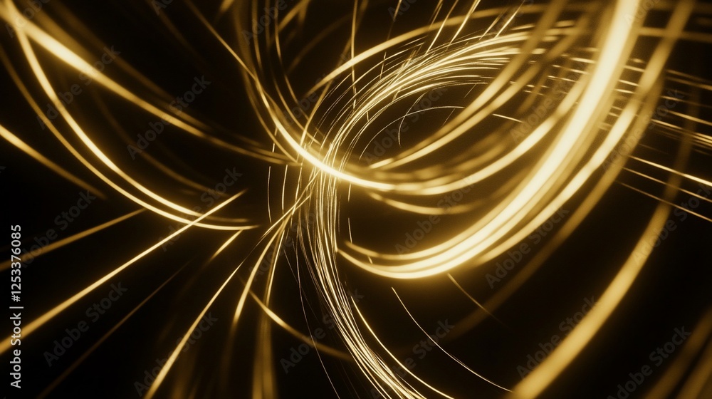 Poster abstract golden light lines swirling on black background, creating depth and movement
