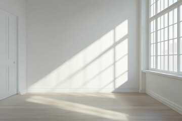 Une pièce lumineuse et vide, dotée de grandes fenêtres à carreaux laissant entrer une lumière douce.