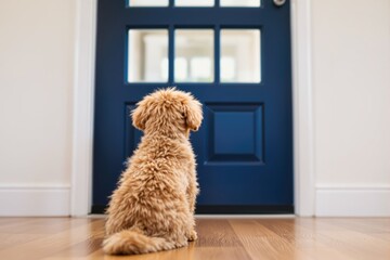 Fluffy Golden Doodle Puppy Waiting by Blue Door