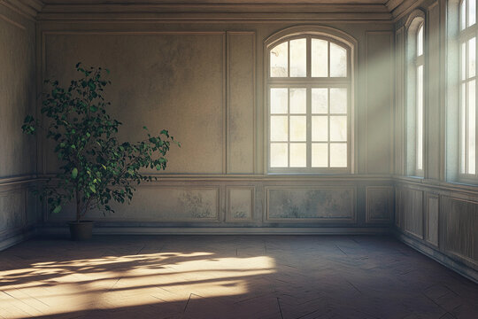 Une pi&egrave;ce vide au style classique, &eacute;clair&eacute;e par des rayons de soleil traversant de grandes fen&ecirc;tres, avec une plante verte dans un coin.