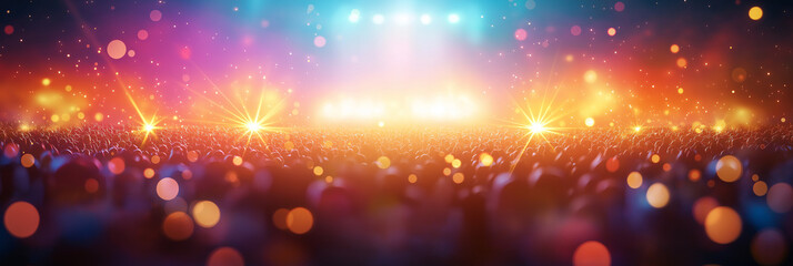 vibrant concert scene filled with blurred crowd, colorful lights, and lively atmosphere creates energetic ambiance