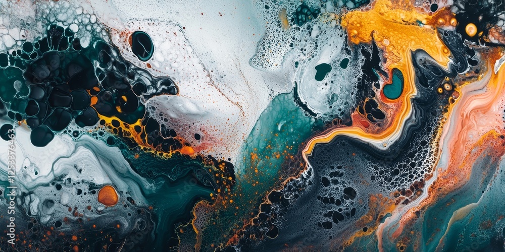 Poster abstract scene where marbling techniques produce fluid art with complex and intertwined patterns, using a rich color palette to enhance the depth and visual texture of th