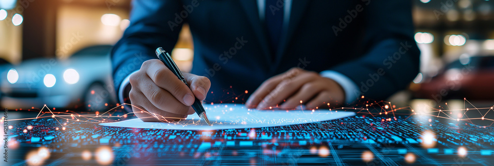 Poster businessman writing document on table with pen, surrounded by digital elements and blurred backgroun