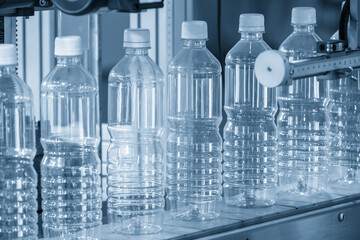 The hi-technology of drinking water manufacturing process in the light blue scene.