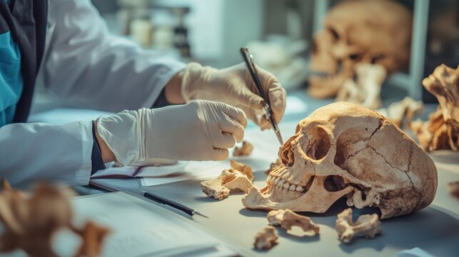A forensic anthropologist examining skeletal remains in a forensic anthropology laboratory, with bone analysis tools and anthropological textbooks, Forensic anthropology scene