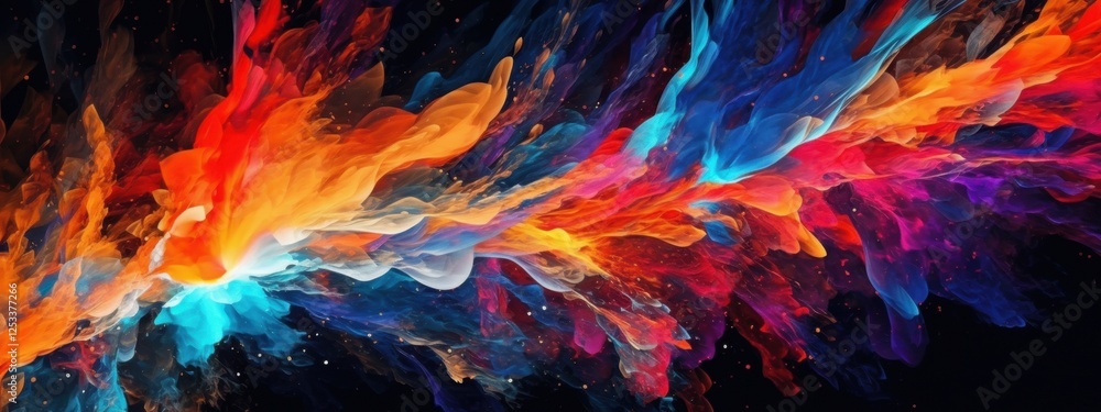 Poster abstract colorful swirls and vibrant hues exploding in a dark background: a digital art masterpiece