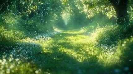 Naklejka premium Sunlit path through blooming orchard, morning mist, spring