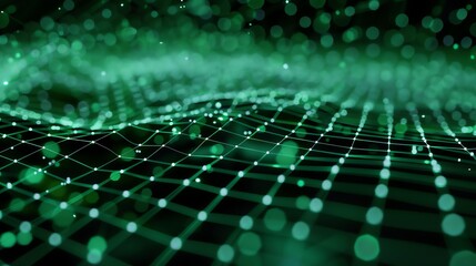 Elegant green flowing digital wave with glowing particles.