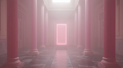 Pink Hallway, Glowing Frame, Foggy Ambiance, Elegant Interior Design