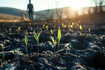 A close-up view of a vibrant green seedling pushing through dark, charred soil.