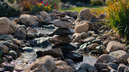serene stack of stones in tranquil garden stream, surrounded by smooth pebbles and vibrant flowers, creating peaceful natural scene