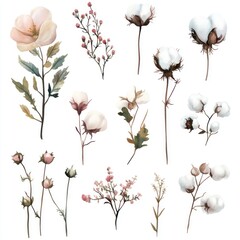 Watercolor cotton & flower botanicals; home decor