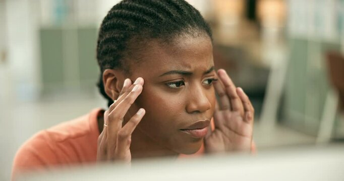 Business woman, headache and pain on computer for marketing fail, copywriting report or deadline in office. Frustrated, stress and tired African worker with bad news, social media mistake and desktop
