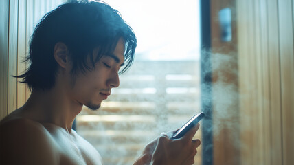 サウナの窓際でスマホを操作する日本人男性の自然な表情