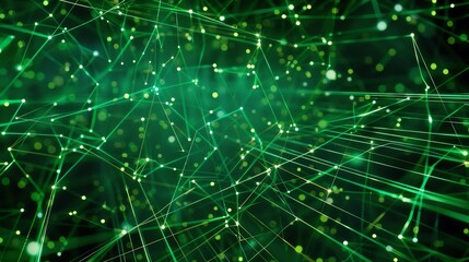 Glowing green dots and lines form an abstract network. The background is dark. The image is reminiscent of a circuit board or a computer network.