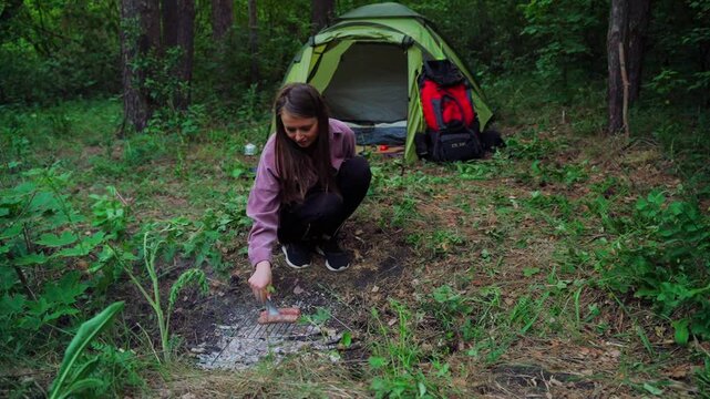 Girl alone on a hike in the forest