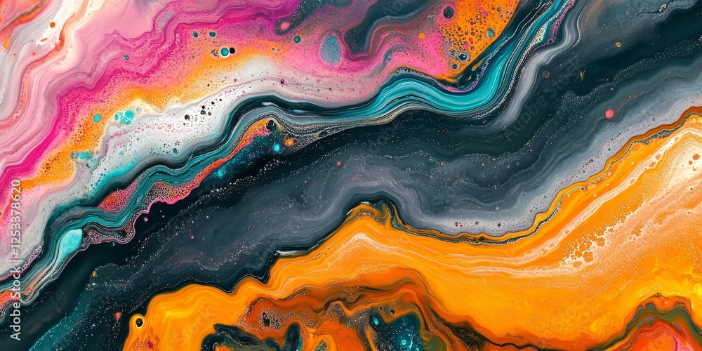 Poster abstract visual with marbling fluid art, highlighting the elegant and spontaneous patterns that emerge as colors mix and flow, creating a dynamic and visually engaging de