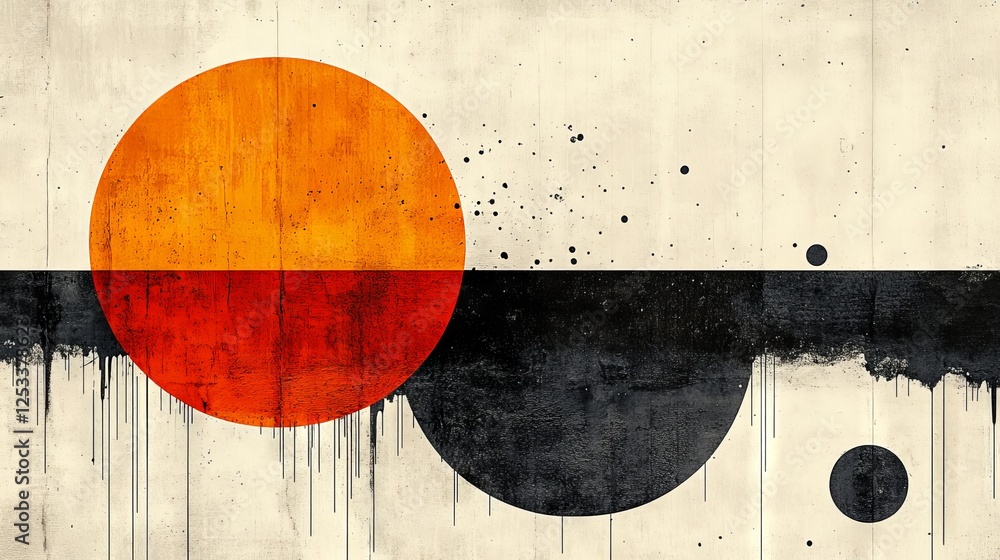Poster contrasting circles, an abstract composition of warmth and darkness with textured elements