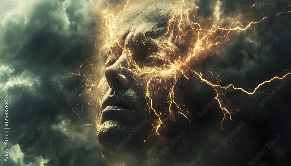 Poster surreal portrait of a face surrounded by stormy clouds and lightning