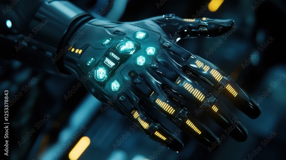 Poster advanced robotic hand featuring glowing symbols and indicators, showcasing complex functionality and