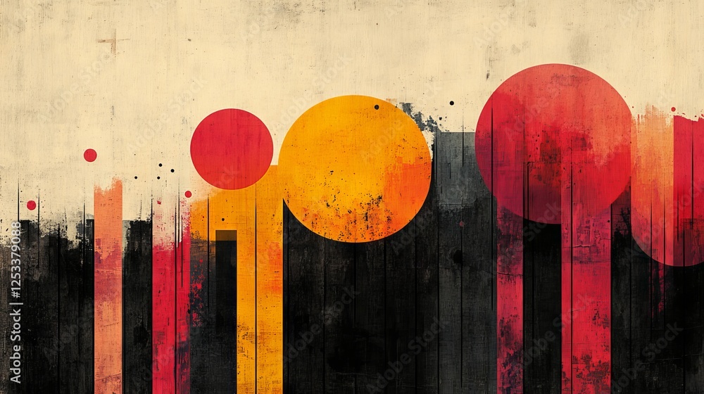 Poster geometric abstraction, a bold composition of circles and lines on textured canvas