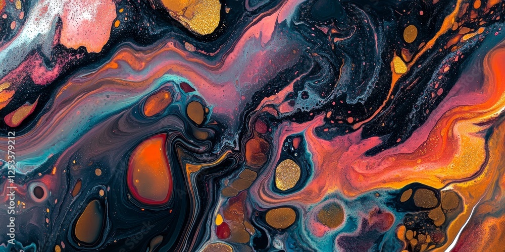 Poster abstract visual with marbling fluid art, highlighting the elegant and spontaneous patterns that emer