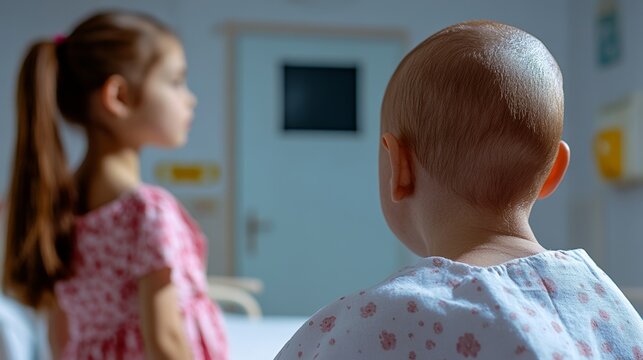 Young girl in a pink dress stands next to a boy in a hospital gown. The boy looks sad and the girl looks concerned