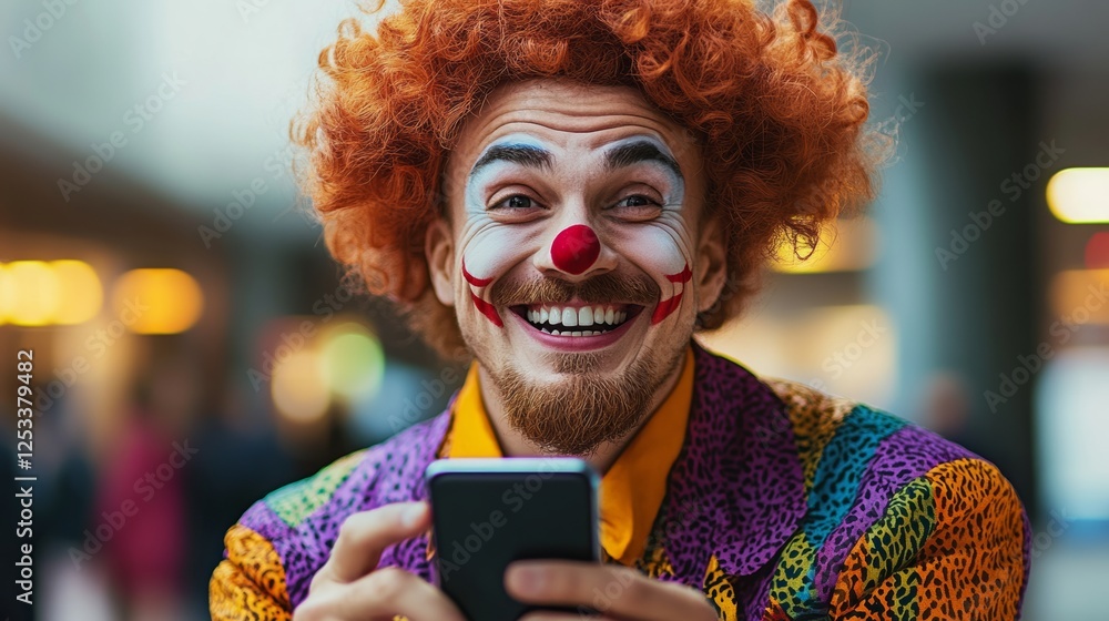Poster man with a red clown wig and red face paint is holding a cell phone. he is smiling and he is happy