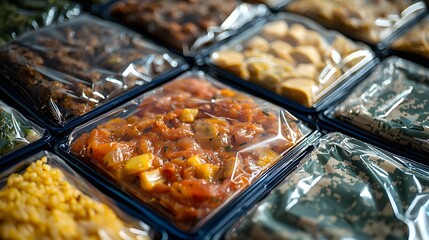 Prepared Nutritious Supply for Camping and Hiking, Diverse Meal Options for Military Personnel Showcased in Close-Up Photograph