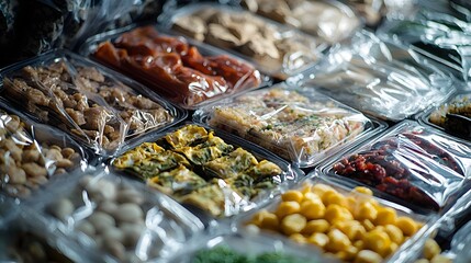 Prepared Nutritious Supply for Camping and Hiking, Intimate Study of the Contents of a Standard-Issue Military MRE Package Showcasing Varied Meal Selections and Compact, Utilitarian Packaging