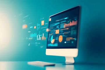 A modern computer screen displaying colorful graphs and data analytics against a soft blue background.