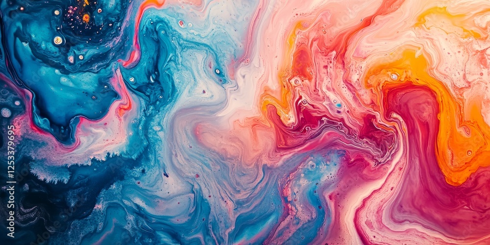 Poster abstract visual with marbling fluid art, highlighting the elegant and spontaneous patterns that emerge as colors mix and flow, creating a dynamic and visually engaging de