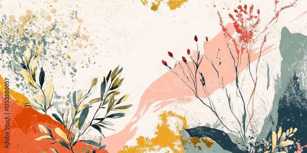Poster abstract design showcasing botanical illustrations, blending artistic elements with natural forms to