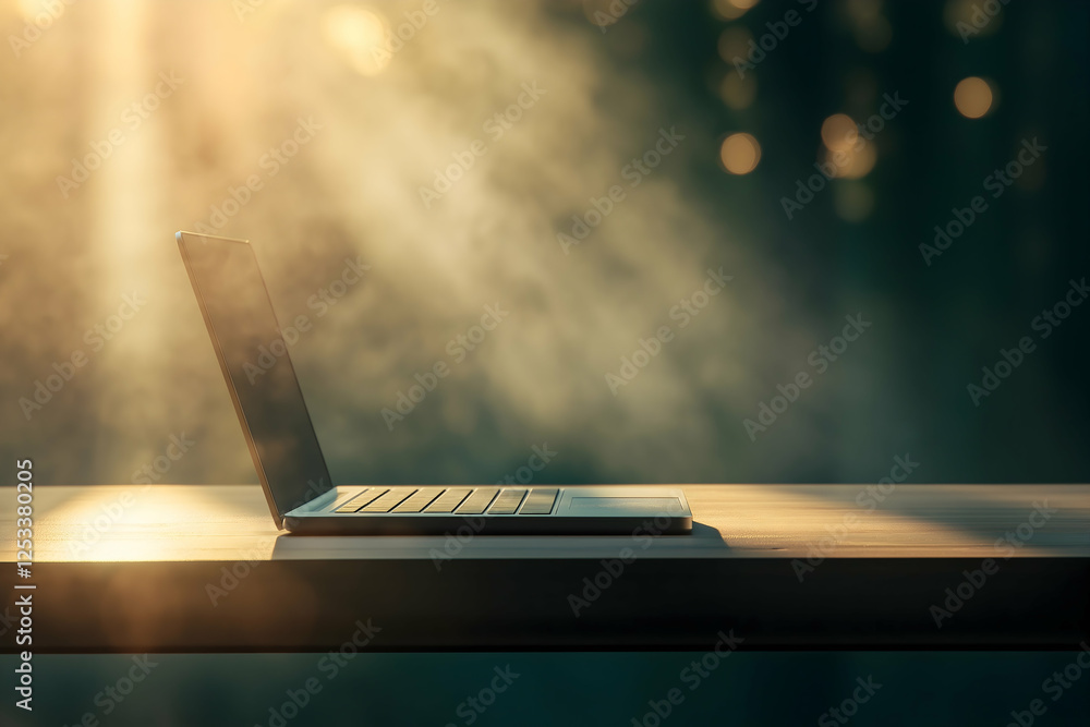 Poster a serene scene featuring an open laptop on a table, illuminated by soft light filtering through a sm