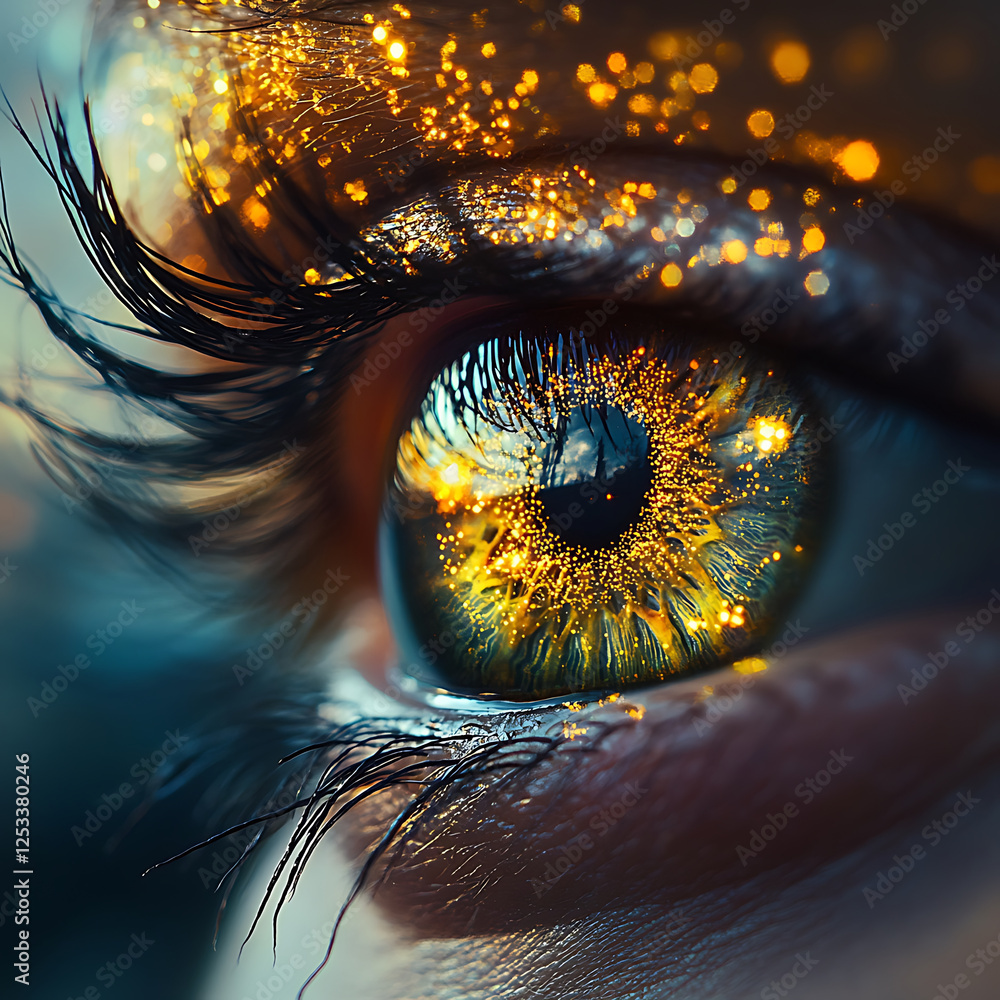 Poster close up of sparkling eye filled with hope, gazing into distance, reflecting light and colors. intri