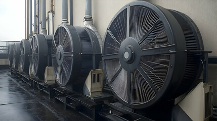 Fototapeta premium Rooftop industrial fans, city building background, HVAC system