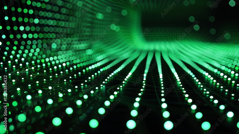 Poster abstract illustration of a circuit board with glowing green lights. the image is dark and mysterious