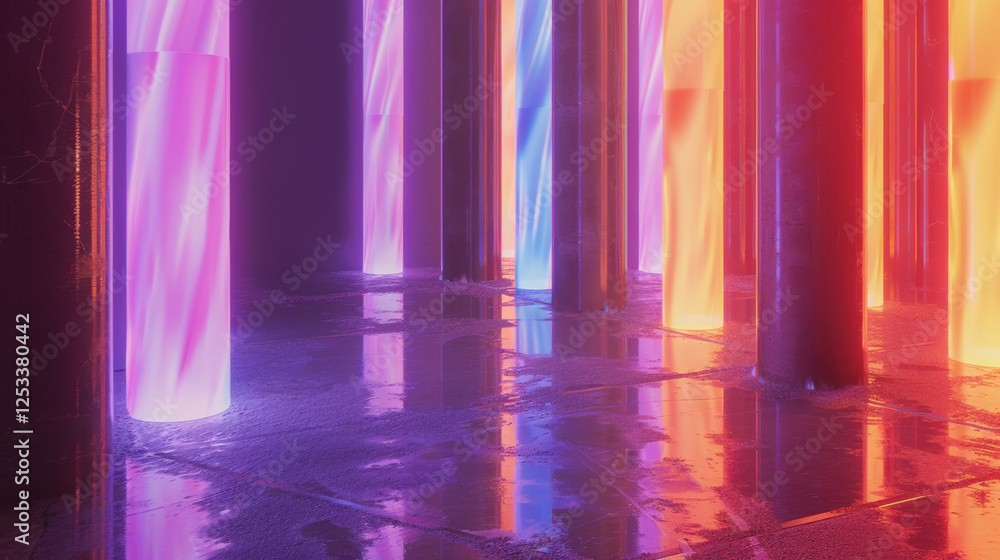 Poster vibrant abstract scene with illuminated pillars reflecting on wet floor, creating colorful atmospher