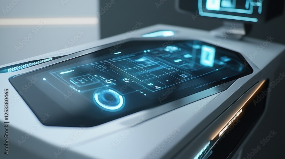 Poster advanced touchscreen interface displaying digital data in a sleek, modern laboratory setting. the gl