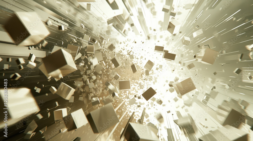 Poster abstract explosion of cubes in dynamic motion, creating sense of energy and movement. light backgrou