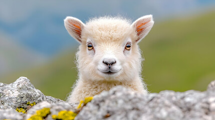 Fototapeta premium Cute lamb peeking rocks, mountain background, spring