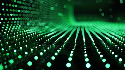 Naklejka premium Abstract illustration of a circuit board with glowing green lights. The image is dark and mysterious, with a sense of depth and perspective.